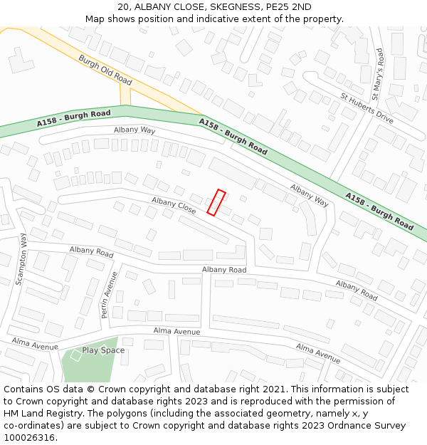 20, ALBANY CLOSE, SKEGNESS, PE25 2ND: Location map and indicative extent of plot