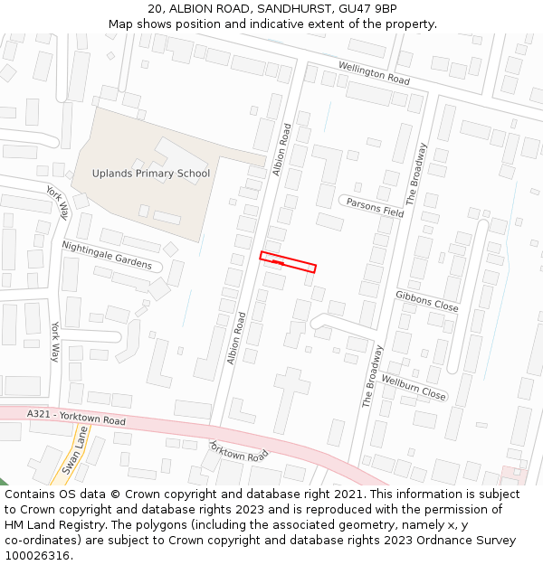 20, ALBION ROAD, SANDHURST, GU47 9BP: Location map and indicative extent of plot