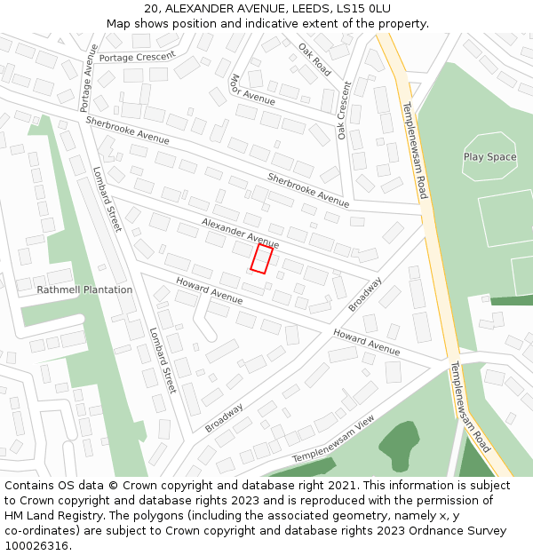 20, ALEXANDER AVENUE, LEEDS, LS15 0LU: Location map and indicative extent of plot