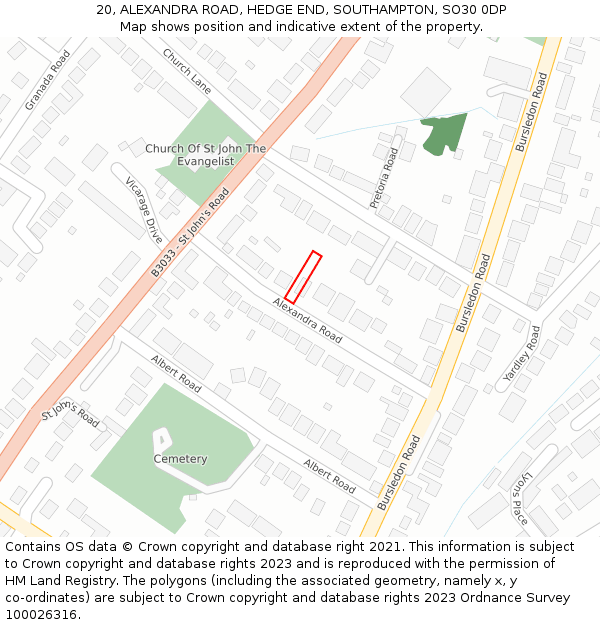 20, ALEXANDRA ROAD, HEDGE END, SOUTHAMPTON, SO30 0DP: Location map and indicative extent of plot