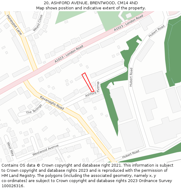 20, ASHFORD AVENUE, BRENTWOOD, CM14 4ND: Location map and indicative extent of plot