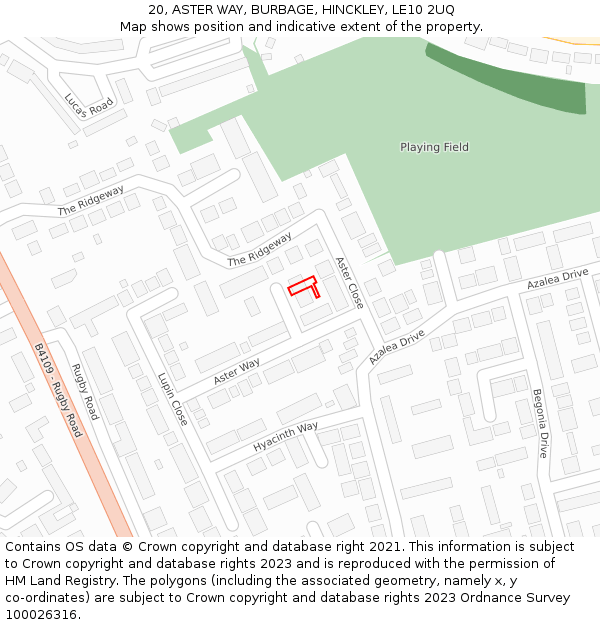 20, ASTER WAY, BURBAGE, HINCKLEY, LE10 2UQ: Location map and indicative extent of plot