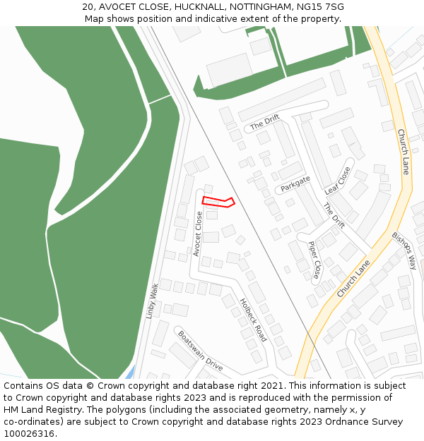 20, AVOCET CLOSE, HUCKNALL, NOTTINGHAM, NG15 7SG: Location map and indicative extent of plot