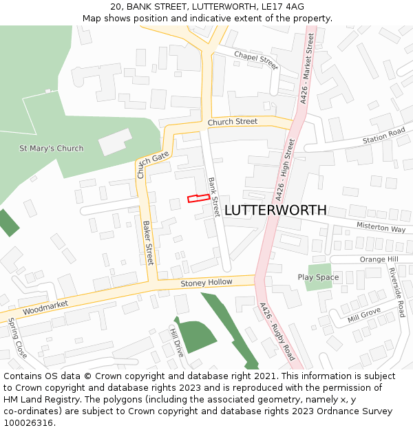 20, BANK STREET, LUTTERWORTH, LE17 4AG: Location map and indicative extent of plot