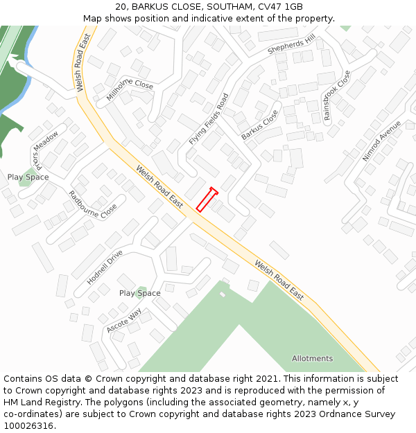 20, BARKUS CLOSE, SOUTHAM, CV47 1GB: Location map and indicative extent of plot