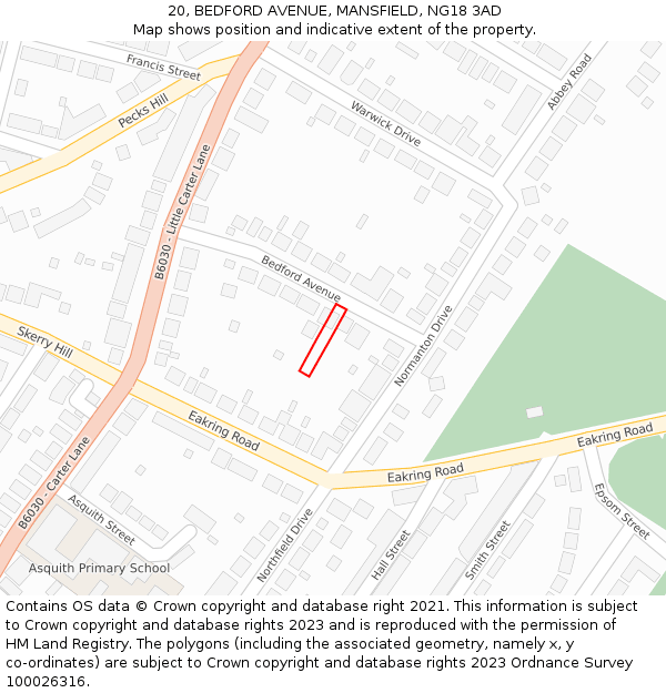 20, BEDFORD AVENUE, MANSFIELD, NG18 3AD: Location map and indicative extent of plot