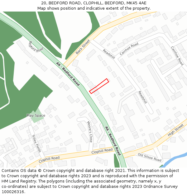 20, BEDFORD ROAD, CLOPHILL, BEDFORD, MK45 4AE: Location map and indicative extent of plot