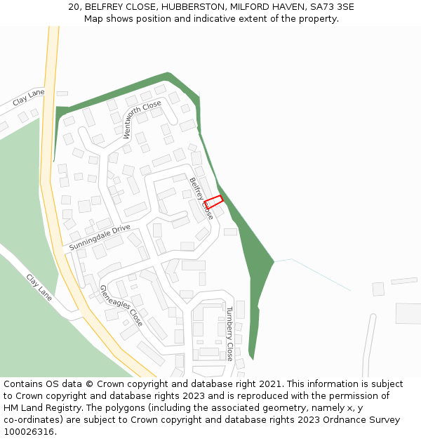 20, BELFREY CLOSE, HUBBERSTON, MILFORD HAVEN, SA73 3SE: Location map and indicative extent of plot