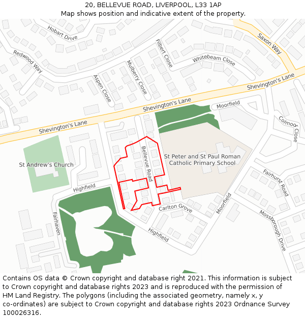 20, BELLEVUE ROAD, LIVERPOOL, L33 1AP: Location map and indicative extent of plot
