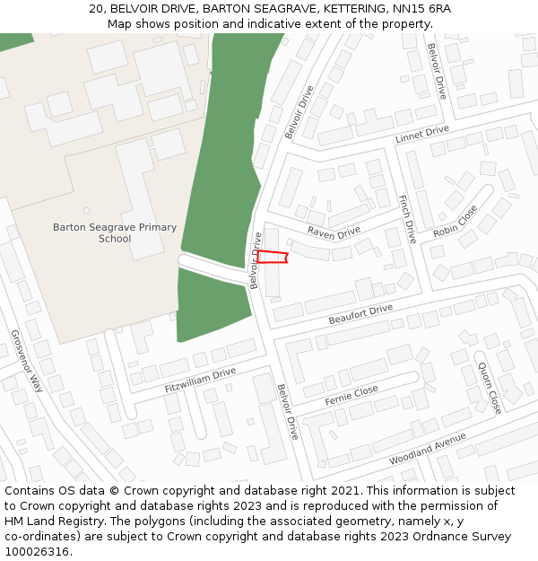 20, BELVOIR DRIVE, BARTON SEAGRAVE, KETTERING, NN15 6RA: Location map and indicative extent of plot