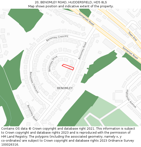 20, BENOMLEY ROAD, HUDDERSFIELD, HD5 8LS: Location map and indicative extent of plot