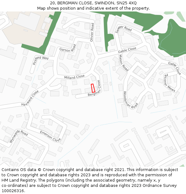 20, BERGMAN CLOSE, SWINDON, SN25 4XQ: Location map and indicative extent of plot