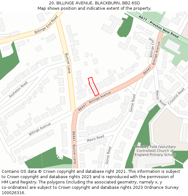 20, BILLINGE AVENUE, BLACKBURN, BB2 6SD: Location map and indicative extent of plot