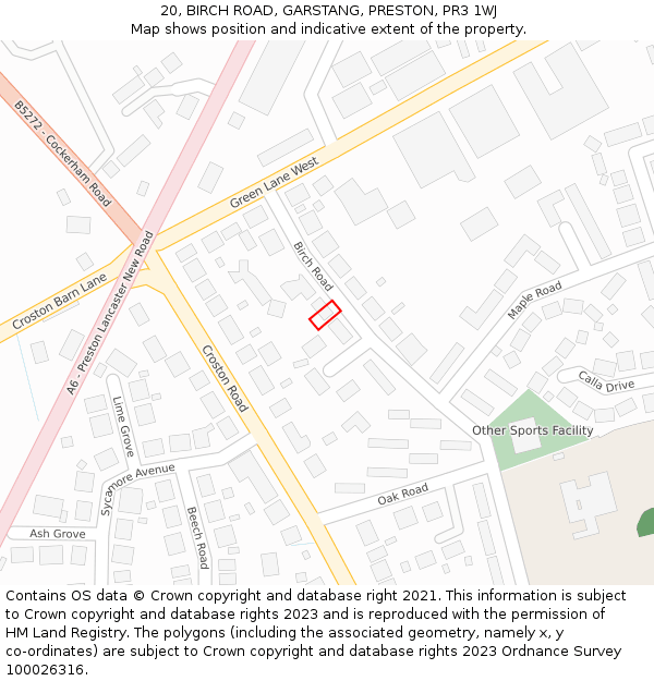 20, BIRCH ROAD, GARSTANG, PRESTON, PR3 1WJ: Location map and indicative extent of plot