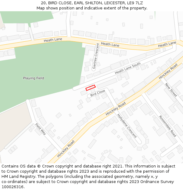 20, BIRD CLOSE, EARL SHILTON, LEICESTER, LE9 7LZ: Location map and indicative extent of plot