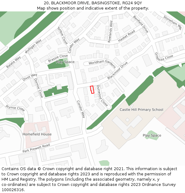 20, BLACKMOOR DRIVE, BASINGSTOKE, RG24 9QY: Location map and indicative extent of plot