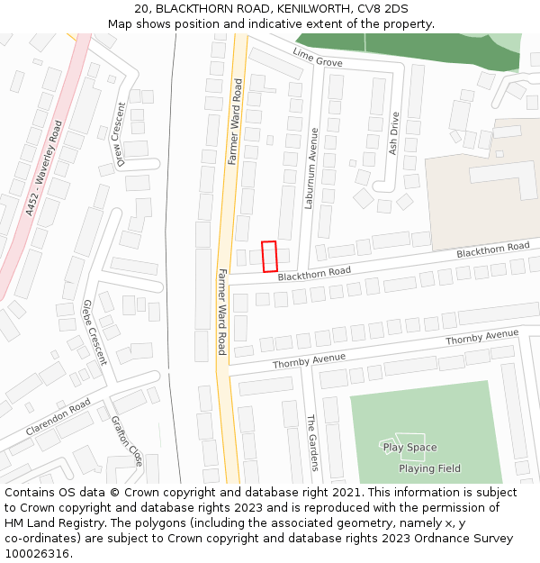 20, BLACKTHORN ROAD, KENILWORTH, CV8 2DS: Location map and indicative extent of plot