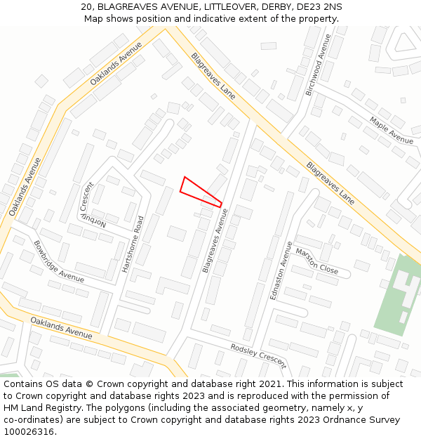 20, BLAGREAVES AVENUE, LITTLEOVER, DERBY, DE23 2NS: Location map and indicative extent of plot