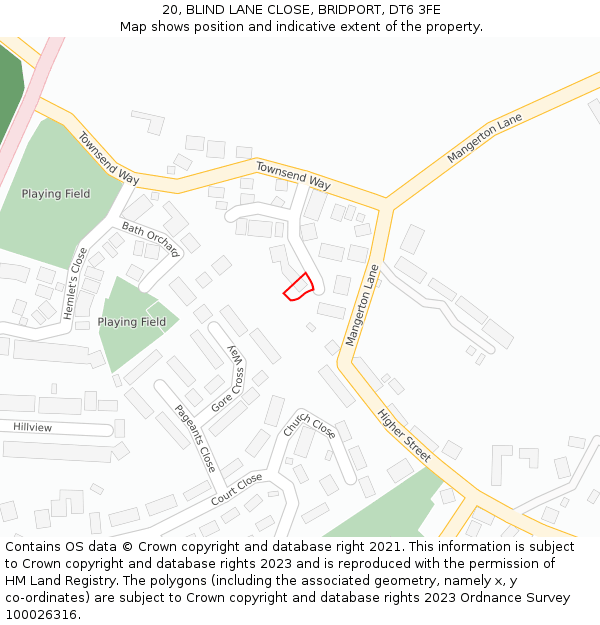 20, BLIND LANE CLOSE, BRIDPORT, DT6 3FE: Location map and indicative extent of plot