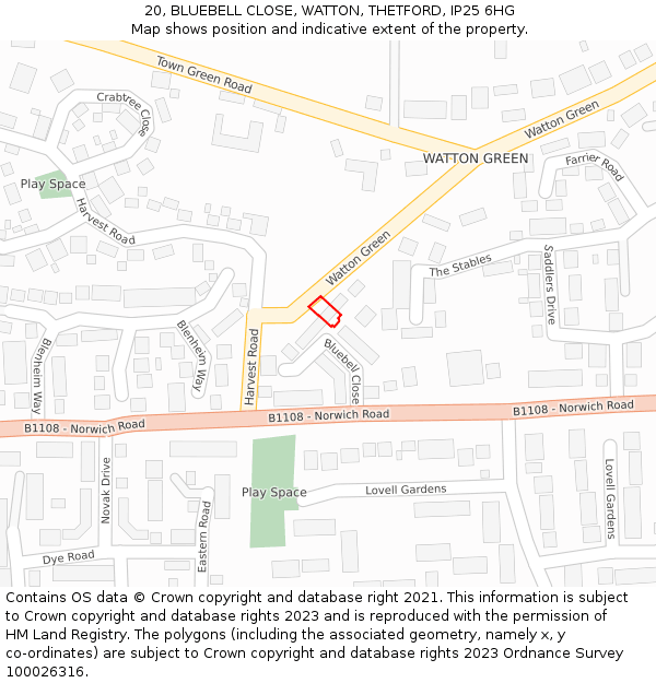 20, BLUEBELL CLOSE, WATTON, THETFORD, IP25 6HG: Location map and indicative extent of plot