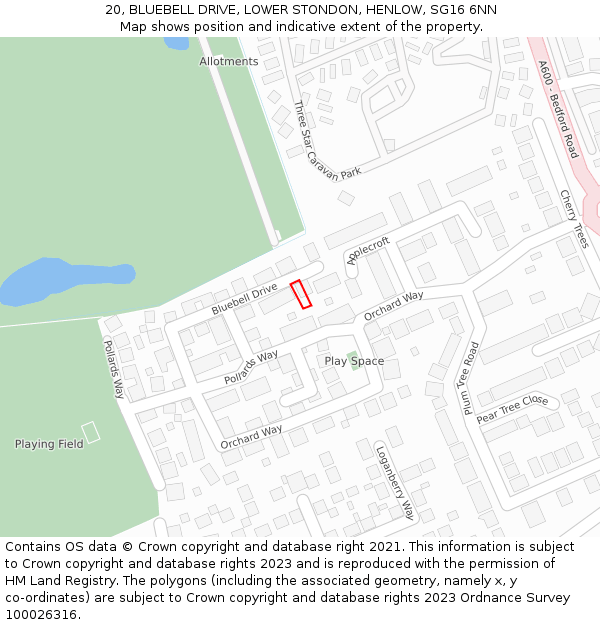 20, BLUEBELL DRIVE, LOWER STONDON, HENLOW, SG16 6NN: Location map and indicative extent of plot