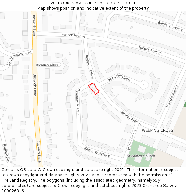 20, BODMIN AVENUE, STAFFORD, ST17 0EF: Location map and indicative extent of plot