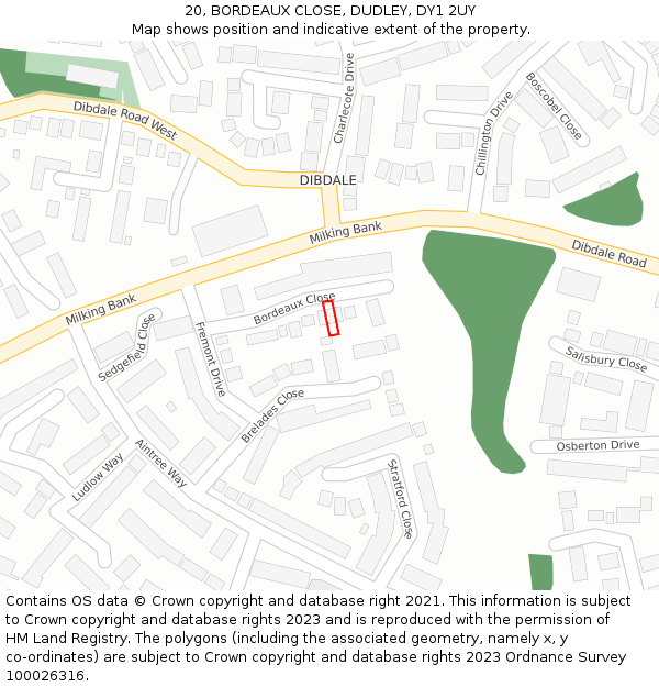 20, BORDEAUX CLOSE, DUDLEY, DY1 2UY: Location map and indicative extent of plot