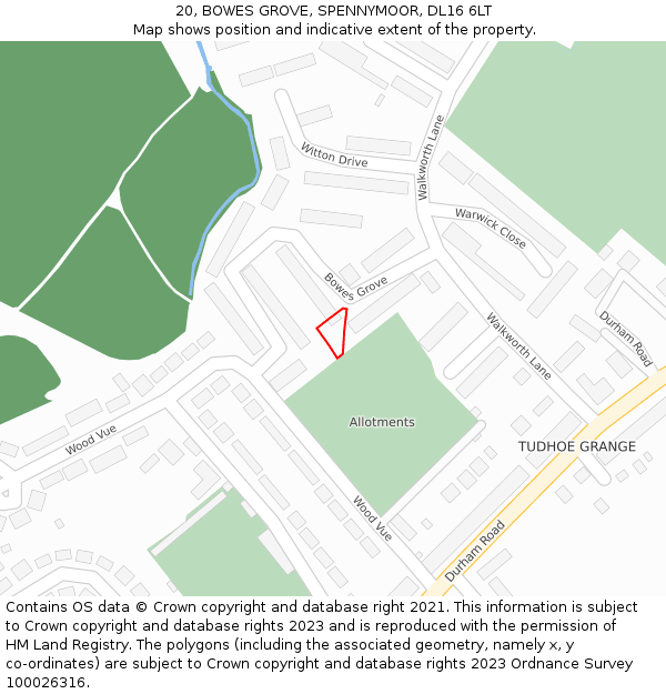 20, BOWES GROVE, SPENNYMOOR, DL16 6LT: Location map and indicative extent of plot