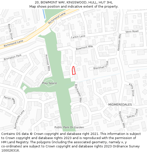 20, BOWMONT WAY, KINGSWOOD, HULL, HU7 3HL: Location map and indicative extent of plot