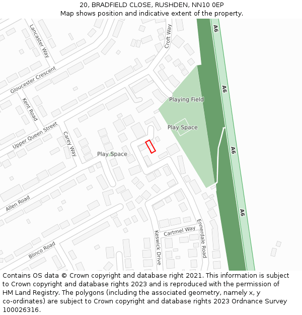 20, BRADFIELD CLOSE, RUSHDEN, NN10 0EP: Location map and indicative extent of plot