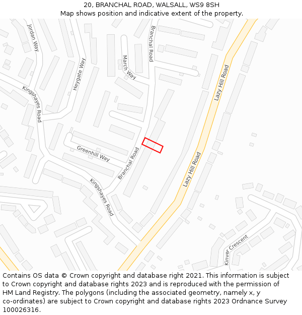 20, BRANCHAL ROAD, WALSALL, WS9 8SH: Location map and indicative extent of plot