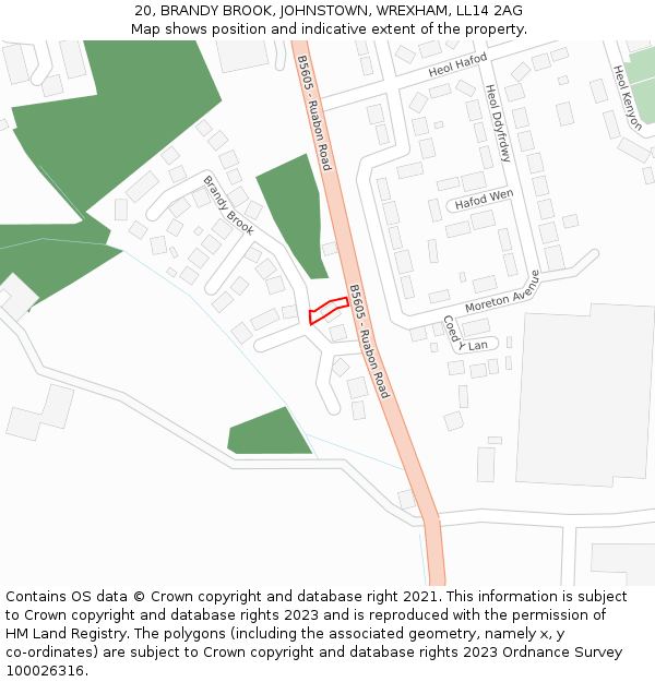 20, BRANDY BROOK, JOHNSTOWN, WREXHAM, LL14 2AG: Location map and indicative extent of plot