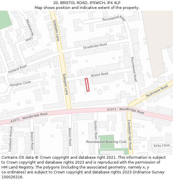 20, BRISTOL ROAD, IPSWICH, IP4 4LP: Location map and indicative extent of plot