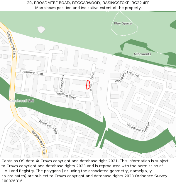 20, BROADMERE ROAD, BEGGARWOOD, BASINGSTOKE, RG22 4FP: Location map and indicative extent of plot