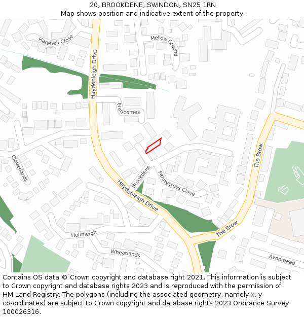 20, BROOKDENE, SWINDON, SN25 1RN: Location map and indicative extent of plot