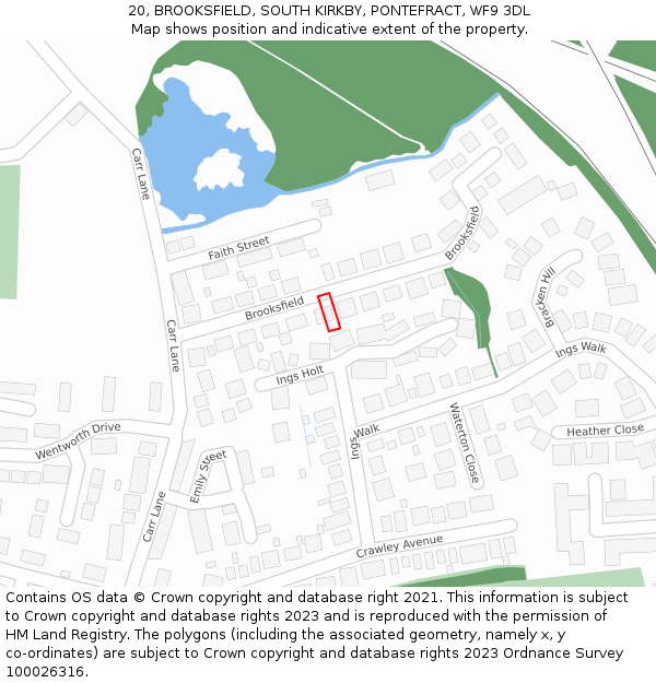 20, BROOKSFIELD, SOUTH KIRKBY, PONTEFRACT, WF9 3DL: Location map and indicative extent of plot