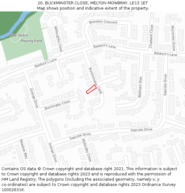 20, BUCKMINSTER CLOSE, MELTON MOWBRAY, LE13 1ET: Location map and indicative extent of plot