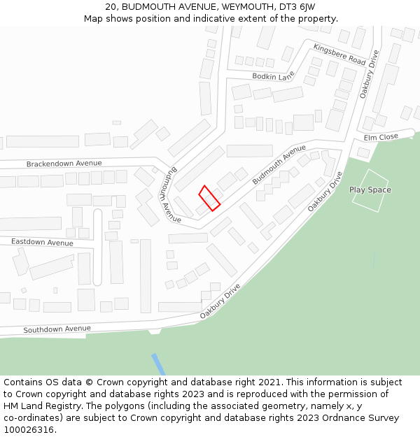 20, BUDMOUTH AVENUE, WEYMOUTH, DT3 6JW: Location map and indicative extent of plot