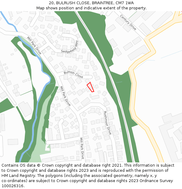20, BULRUSH CLOSE, BRAINTREE, CM7 1WA: Location map and indicative extent of plot