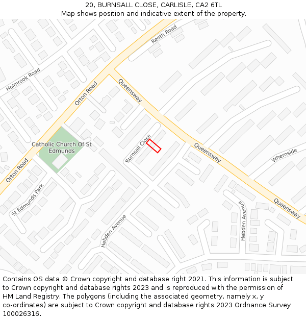 20, BURNSALL CLOSE, CARLISLE, CA2 6TL: Location map and indicative extent of plot