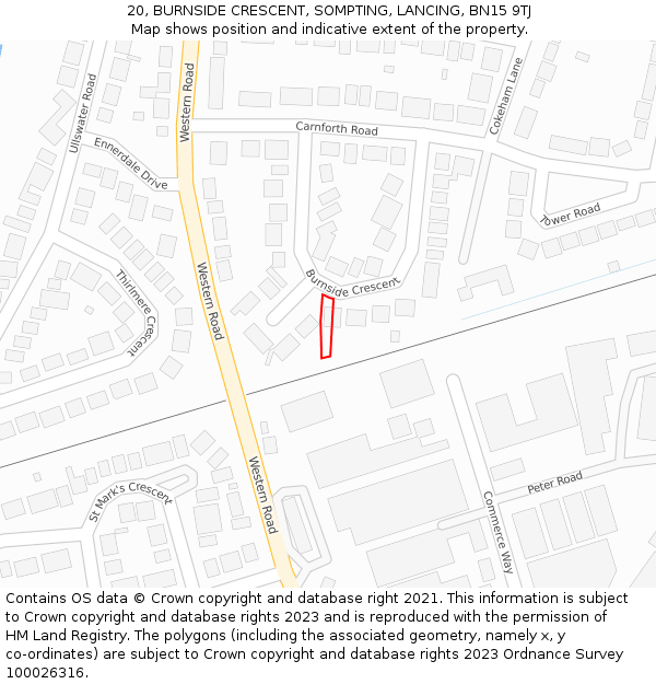 20, BURNSIDE CRESCENT, SOMPTING, LANCING, BN15 9TJ: Location map and indicative extent of plot