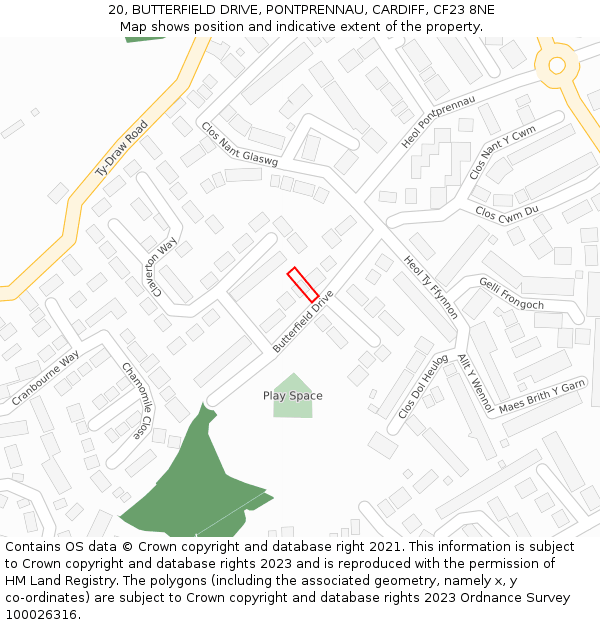 20, BUTTERFIELD DRIVE, PONTPRENNAU, CARDIFF, CF23 8NE: Location map and indicative extent of plot