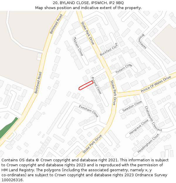 20, BYLAND CLOSE, IPSWICH, IP2 9BQ: Location map and indicative extent of plot