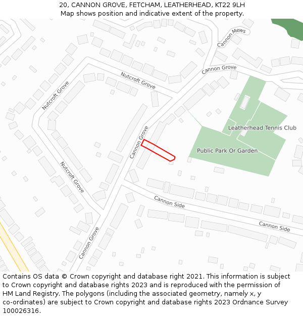 20, CANNON GROVE, FETCHAM, LEATHERHEAD, KT22 9LH: Location map and indicative extent of plot