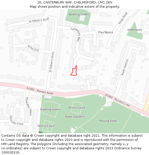 20, CANTERBURY WAY, CHELMSFORD, CM1 2XN: Location map and indicative extent of plot