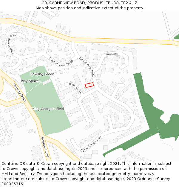20, CARNE VIEW ROAD, PROBUS, TRURO, TR2 4HZ: Location map and indicative extent of plot