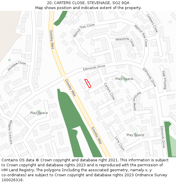 20, CARTERS CLOSE, STEVENAGE, SG2 9QA: Location map and indicative extent of plot