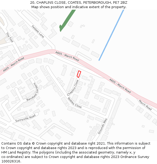 20, CHAPLINS CLOSE, COATES, PETERBOROUGH, PE7 2BZ: Location map and indicative extent of plot