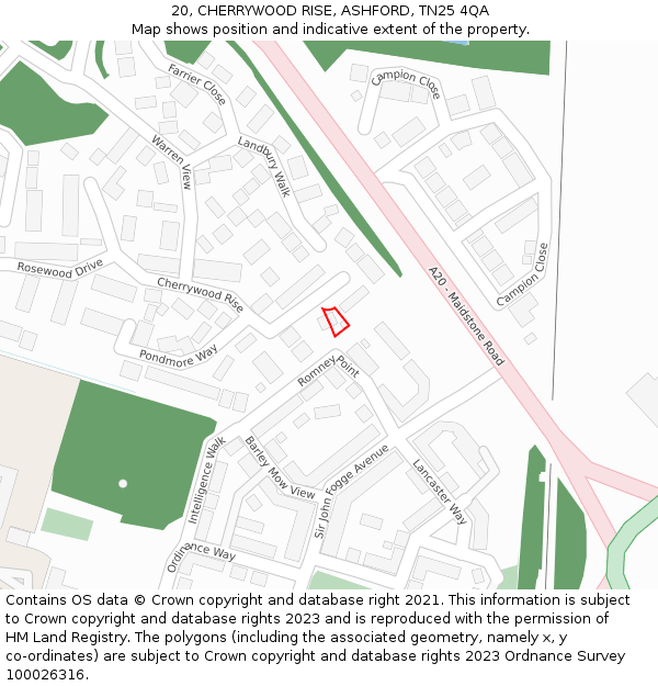 20, CHERRYWOOD RISE, ASHFORD, TN25 4QA: Location map and indicative extent of plot