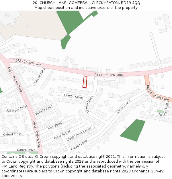 20, CHURCH LANE, GOMERSAL, CLECKHEATON, BD19 4QQ: Location map and indicative extent of plot